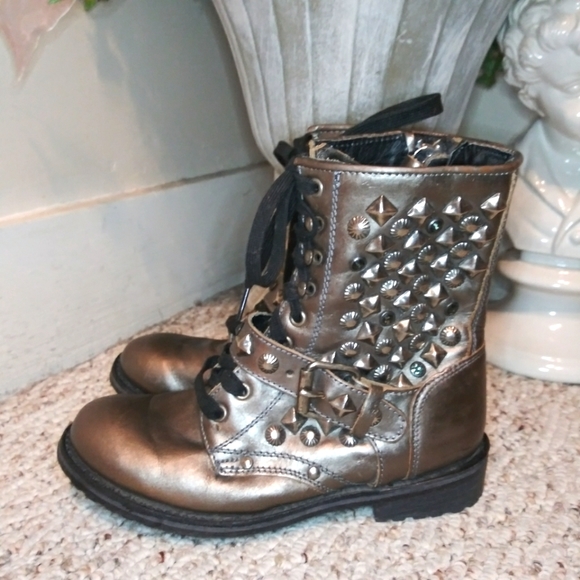 ASH Ryhanna Silver & Rhinestone Studded Distressed Pewter Leather Combat Boots - Picture 4 of 11